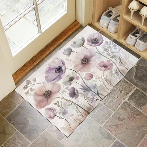MLSOWM Schmutzfangmatte Anemone Fußmatte Innen 40 x 60 cm, Rutschfester Waschbarer Teppich Blumenaquarelle Niedriges Profil Fußmatten für Eingang, Haustür, Patio, Flur, Garten - Hellrosa von MLSOWM