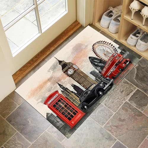 MLSOWM Schmutzfangmatte Big Ben In London Fußmatte Innen 60 x 120 cm, Rutschfester Waschbarer Teppich Retro Street Niedriges Profil Fußmatten für Eingang, Haustür, Patio, Flur, Garten - Braun von MLSOWM
