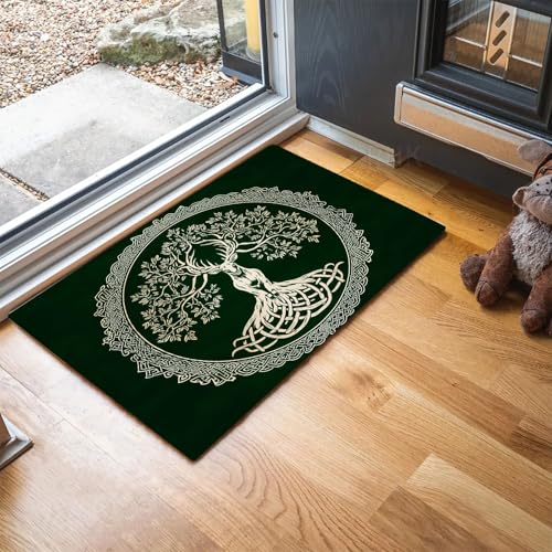 MLSOWM Schmutzfangmatte Geweihzweige Fußmatte Innen 80 x 120 cm, Rutschfester Waschbarer Teppich Baum des Lebens Niedriges Profil Fußmatten für Eingang, Haustür, Patio, Flur, Garten - Grün von MLSOWM