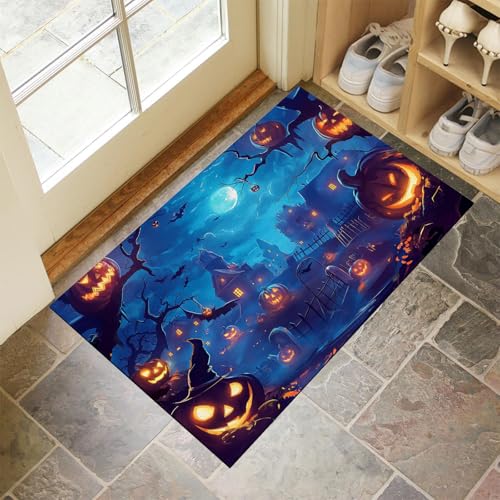 MLSOWM Schmutzfangmatte Innen 40 x 60 cm, Fußmatte Halloween-Nacht, rutschfeste Fußmatte Spukendes Kürbisdorf, Eingangsteppich, Sauberlaufmatte, Türmatte für Eingang, Haustür, Innen und Außen (Blau) von MLSOWM