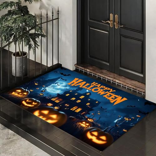 MLSOWM Schmutzfangmatte Innen 40 x 60 cm, Fußmatte Halloween-Party, rutschfeste Fußmatte Spukhaus Und Kürbislaterne, Eingangsteppich, Sauberlaufmatte, Türmatte für Eingang, Haustür (Dunkelblau) von MLSOWM
