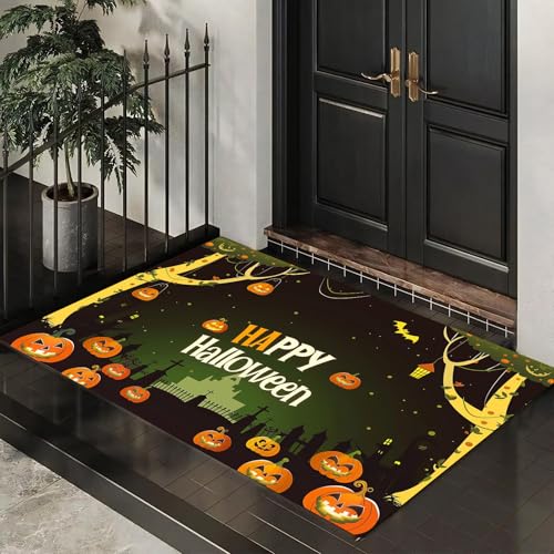 MLSOWM Schmutzfangmatte Innen 50 x 80 cm, Fußmatte Halloween-Kürbisfriedhof, rutschfeste Fußmatte Cartoon-Wald, Eingangsteppich, Sauberlaufmatte, Türmatte für Eingang, Haustür (Grün) von MLSOWM