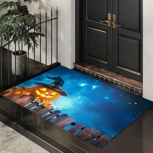 MLSOWM Schmutzfangmatte Innen 50 x 80 cm, Fußmatte Halloween-Thema, rutschfeste Fußmatte Kürbisparty, Eingangsteppich, Sauberlaufmatte, Türmatte für Eingang, Haustür (Blau) von MLSOWM