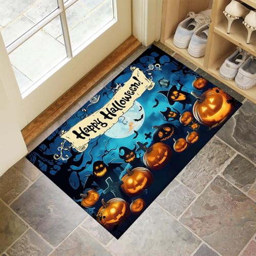 MLSOWM Schmutzfangmatte Innen 50 x 80 cm, Fußmatte Halloween-Thema, rutschfeste Fußmatte Kürbisparty, Eingangsteppich, Sauberlaufmatte, Türmatte für Eingang, Haustür (Blau) von MLSOWM
