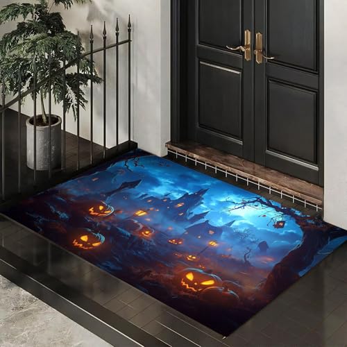 MLSOWM Schmutzfangmatte Innen 50 x 80 cm, Fußmatte Innen Halloween-Nacht, rutschfeste Fußmatte Spukschloss, Eingangsteppich, Sauberlaufmatte, Türmatte für Eingang, Haustür, Innen und Außen (Blau) von MLSOWM