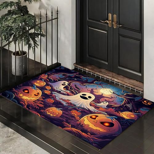 MLSOWM Schmutzfangmatte Innen 60 x 120 cm, Fußmatte Halloween Uralter Baum, rutschfeste Fußmatte Spukkürbisbeet, Eingangsteppich, Sauberlaufmatte, Türmatte für Eingang, Haustür (Lavendel) von MLSOWM