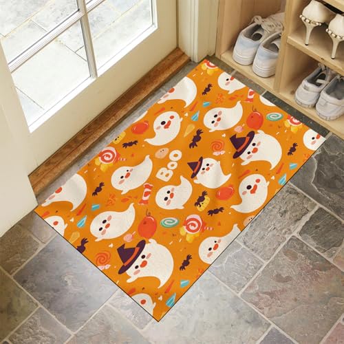 MLSOWM Schmutzfangmatte Innen 60 x 90 cm, Fußmatte Halloween-Party, rutschfeste Fußmatte Cartoon-Geist, Eingangsteppich, Sauberlaufmatte, Türmatte für Eingang, Haustür (Orange) von MLSOWM