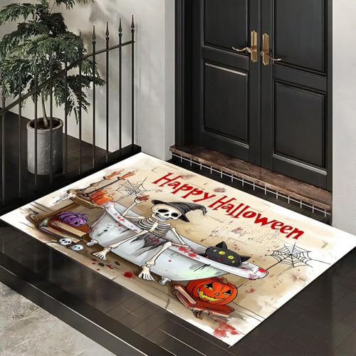 MLSOWM Schmutzfangmatte Innen 80 x 120 cm, Fußmatte Halloween-Dekorationen, rutschfeste Fußmatte Totenkopf-Badewanne, Eingangsteppich, Sauberlaufmatte, Türmatte für Eingang, Haustür (Creme) von MLSOWM