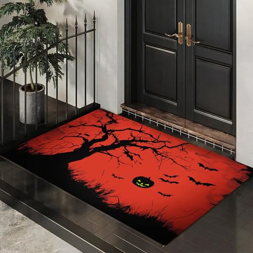 MLSOWM Schmutzfangmatte Innen 80 x 120 cm, Fußmatte Halloween-Wald, rutschfeste Fußmatte Schwarze Baumfledermaus, Eingangsteppich, Sauberlaufmatte, Türmatte für Eingang, Haustür (Rot) von MLSOWM