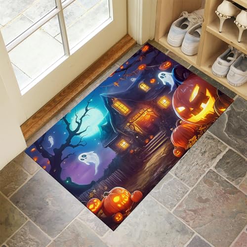 MLSOWM Schmutzfangmatte Innen Halloween-Baumhaus Waschbarer Fussmatte Cartoon-Kürbisbeet Teppiche, Niedriger Flor, rutschfest, Weiche, Eingangstürmatte für Flur Eingangsbereich Küche,50 x 80 cm, Blau von MLSOWM