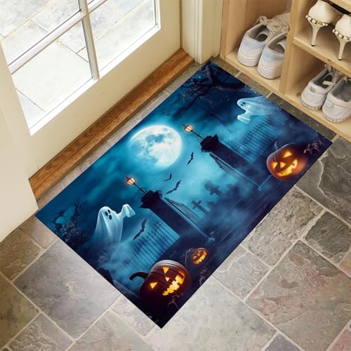 MLSOWM Schmutzfangmatte Innen Halloween-Nacht Waschbarer Fussmatte Alter Friedhof Teppiche, Niedriger Flor, rutschfest, Weiche, Eingangstürmatte für Flur Eingangsbereich Küche,40 x 60 cm, Blau von MLSOWM