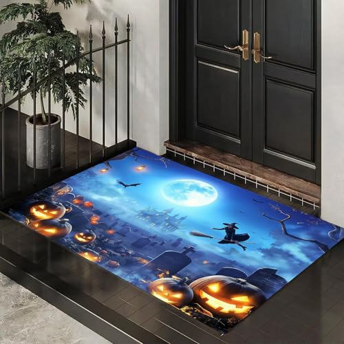 MLSOWM Schmutzfangmatte Innen Halloween-Nacht Waschbarer Fussmatte Kürbisfriedhof Teppiche, Niedriger Flor, rutschfest, Weiche, Eingangstürmatte für Flur Eingangsbereich Küche,50 x 80 cm, Blau von MLSOWM