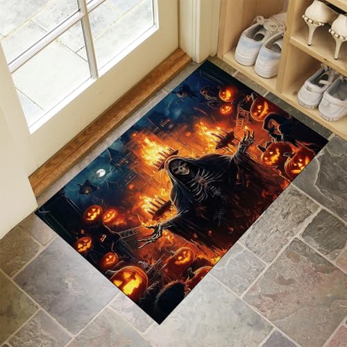 MLSOWM Schmutzfangmatte Innen Halloween-Nacht Waschbarer Fussmatte Sensenmann Teppiche, Niedriger Flor, rutschfest, Weiche, Eingangstürmatte für Flur Eingangsbereich Küche,40 x 60 cm, Dunkelblau von MLSOWM