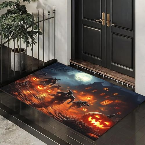 MLSOWM Schmutzfangmatte Innen Halloween Spukhaus Waschbarer Fussmatte Wütender Ghul Teppiche, Niedriger Flor, rutschfest, Weiche, Eingangstürmatte für Flur Eingangsbereich Küche,40 x 60 cm, Orange von MLSOWM