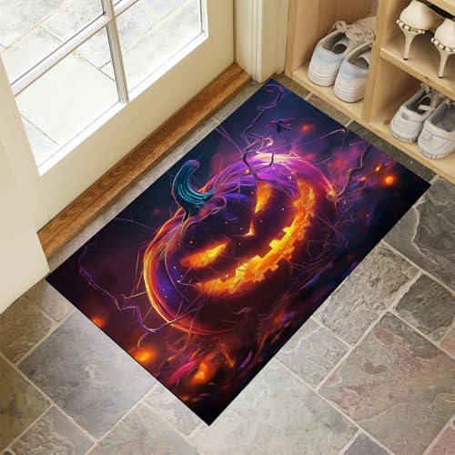 MLSOWM Schmutzfangmatte Innen Höllenlandschaft Waschbarer Fussmatte Kürbislaterne Teppiche, Niedriger Flor, rutschfest, Weiche, Eingangstürmatte für Flur Eingangsbereich Küche,40 x 60 cm, Lila von MLSOWM