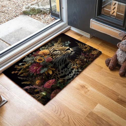 MLSOWM Schmutzfangmatte Leopard Fußmatte Innen 60 x 120 cm, Rutschfester Waschbarer Teppich Tiere Und Blumen Niedriges Profil Fußmatten für Eingang, Haustür, Patio, Flur, Garten - Braun von MLSOWM