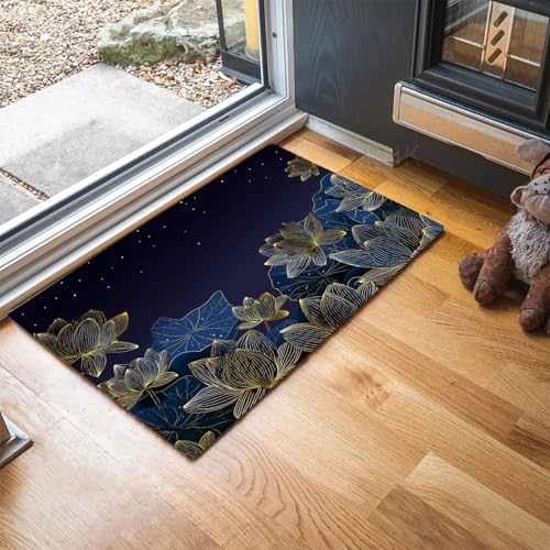 MLSOWM Schmutzfangmatte Lotus Und Blätter Fußmatte Innen 50 x 80 cm, Rutschfester Waschbarer Teppich Linie Blumen Niedriges Profil Fußmatten für Eingang, Haustür, Patio, Flur, Garten - Dunkelblau von MLSOWM