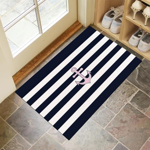 MLSOWM Schwarz-Weiße Streifen Fußmatte Innen 80 x 120 cm Schmutzfangmatte Innen rutschfest Nautisches Thema Fußmatte Waschbar Saugstarke Eingangsteppich Dünne Türmatte für Eingang, Haustür - Schwarz von MLSOWM