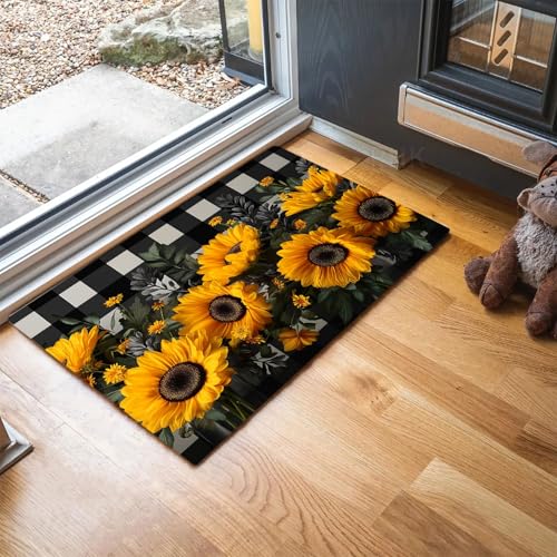 MLSOWM Sonnenblume Fußmatte Innen 40 x 60 cm Schmutzfangmatte Innen rutschfest Schwarz-Weiß-Plaid Fußmatte Waschbar Saugstarke Eingangsteppich Dünne Türmatte für Eingang, Haustür - Gelb von MLSOWM