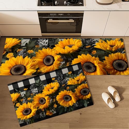 MLSOWM Sonnenblume Küchenteppich Sets, 2 Stück rutschfeste Schwarz-Weiß-Plaid Küchenmatten und Teppiche Läuferset, Gummibacking Super Absorbierende wWaschbare Bodenmatten, 40x60cm+40x120cm Orange von MLSOWM