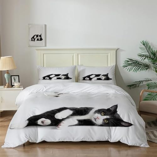 MLSOWM Süße Tiere Bedrucktes Wende-Bettwäsche-Set Schwarz-Weiße Katze135 x 200cm dreiteiliger Mit Bettbezug Set Microfaser Warm gemütlich und weich mit Reißverschluss von MLSOWM