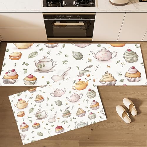 MLSOWM Teekanne und Teetassen Küchenteppich Sets, 2 Stück rutschfeste Tea-Party-Stil Küchenmatten und Teppiche Läuferset, Gummibacking Super Absorbierende Waschbare Bodenmatten, 40x60cm+40x120cm Weiß von MLSOWM