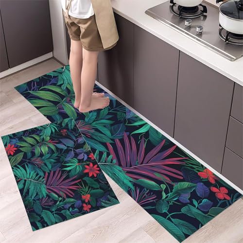 MLSOWM Teppich Läufer für Küche 40x60cm+40x120cm Küchenteppich Dschungelpflanzen Und Blumen Teppichläufer Waschbar rutschfest Exotisch Küchenläufer für Flur, Eingangsbereich, Esszimmer, Grün von MLSOWM