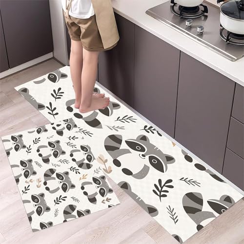 MLSOWM Teppich Läufer für Küche 44x75cm+44x150cm Küchenteppich Süßer Waschbär Teppichläufer Waschbar rutschfest Cartoon-Illustration Küchenläufer für Flur, Eingangsbereich, Esszimmer, Anthrazitgrau von MLSOWM