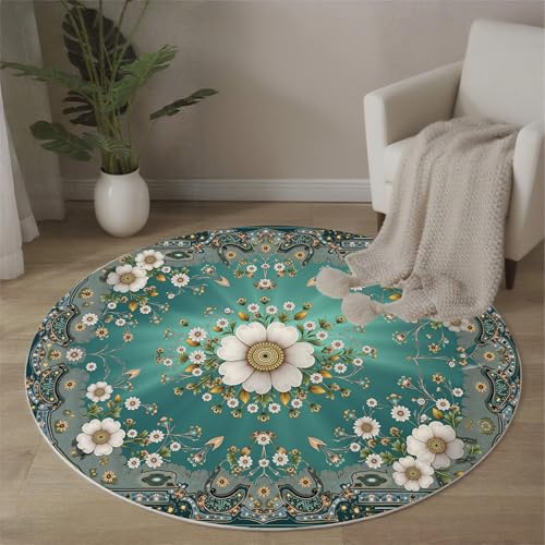 MLSOWM Teppich Rund 100 cm Dünner Teppich Waschbarer Indische Blumen Teppiche Traditionelles Persisch Teppiche Kurzflor für Wohnzimmer Schlafzimmer Esszimmer, Smaragdgrün von MLSOWM