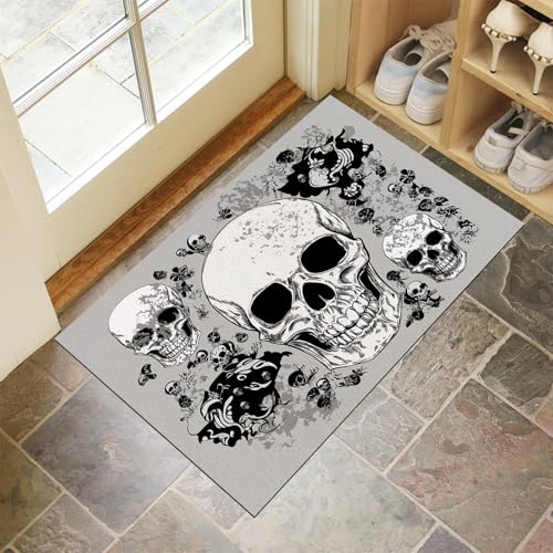 MLSOWM Totenkopf-Symbol Fußmatte Innen 50 x 80 cm Schmutzfangmatte Innen rutschfest Grunge-Textur Fußmatte Waschbar Saugstarke Eingangsteppich Dünne Türmatte für Eingang, Haustür - Anthrazitgrau von MLSOWM