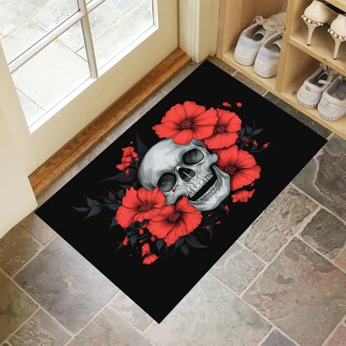 MLSOWM Totenkopf Und Rote Blumen Fußmatte Innen 40 x 60 cm Schmutzfangmatte Innen rutschfest Gotischer Stil Fußmatte Waschbar Saugstarke Eingangsteppich Dünne Türmatte für Eingang, Haustür - Schwarz von MLSOWM