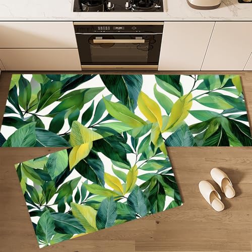 MLSOWM Tropische Blätter Küchenteppich Sets, 2 Stück rutschfeste Aquarellpflanzen Küchenmatten und Teppiche Läuferset, Gummibacking Super Absorbierende wWaschbare Bodenmatten, 40x60cm+40x120cm Grün von MLSOWM