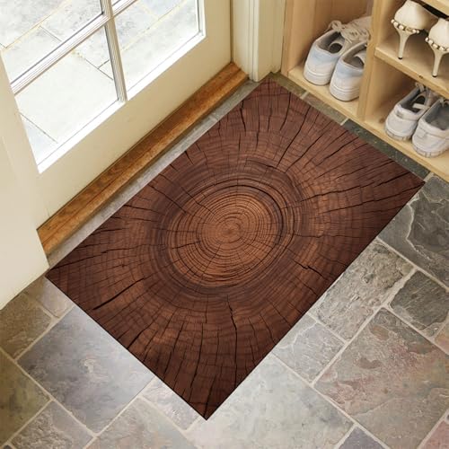 MLSOWM Uralter Baumstamm Waschbarer Teppich Baumringe Eingangsbereich 60x120 cm rutschfest Fußmatte Tepich Kurzflor Dünn Türmatte für Hund, Haustür & Flur, Dunkelbraun von MLSOWM