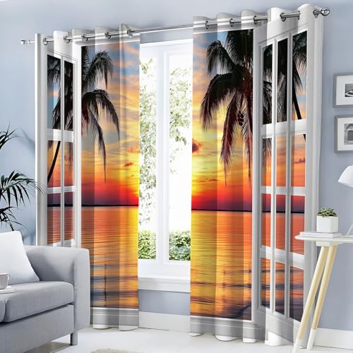 MLSOWM Verdunklungsvorhänge Sonnenuntergangslandschaft Vorhänge Blickdicht 2er Set 3D-Meereslandschaft Gardinen Orange Farbe Thermovorhang Vorhänge mit Ösen Wohnzimmer Schlafzimmer, H245 x B140 cm von MLSOWM