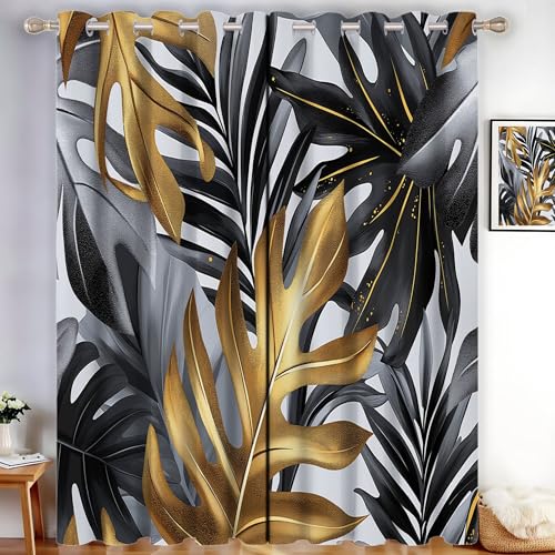 MLSOWM Verdunklungsvorhänge Tropische Blätter Vorhänge Blickdicht 2er Set Pflanzen mit Goldfolienstruktur Gardinen Schwarz Thermovorhang Vorhänge mit Ösen Wohnzimmer Schlafzimmer, H245 x B140 cm von MLSOWM