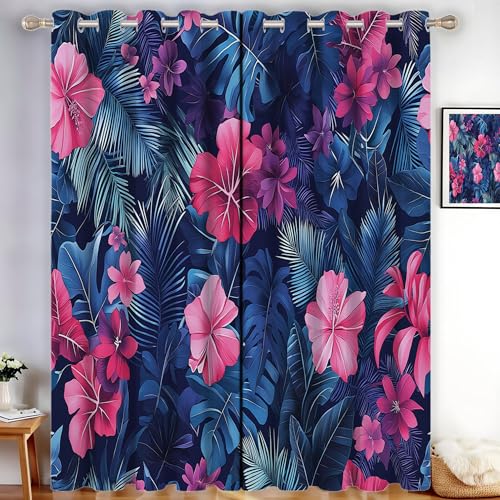 MLSOWM Verdunklungsvorhänge Tropische Blumen und Blätter Vorhänge Blickdicht 2er Set Exotisch Gardinen Dunkelblau Thermovorhang Vorhänge mit Ösen Wohnzimmer Schlafzimmer, H138 x B117 cm von MLSOWM