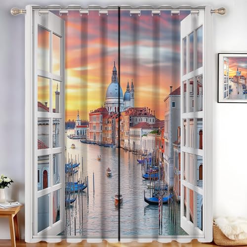 MLSOWM Verdunklungsvorhänge Venedig, Italien Architektur Vorhänge Blickdicht 2er Set 3D-Fensteransicht Gardinen Orange Farbe Thermovorhang Vorhänge mit Ösen Wohnzimmer Schlafzimmer, H138 x B117 cm MLSOWM Verdunklungsvorhänge Venedig, Italien Architektur Vorhänge Blickdicht 2er Set 3D-Fensteransicht Gardinen Orange Farbe Thermovorhang Vorhänge mit Ösen Wohnzimmer Schlafzimmer, H138 x B117 cm von MLSOWM