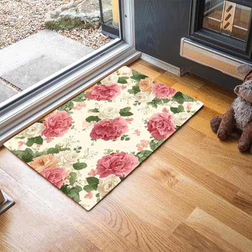 MLSOWM Vintage Rose Fußmatte Innen 60 x 90 cm Schmutzfangmatte Innen rutschfest Romantische Blumen Fußmatte Waschbar Saugstarke Eingangsteppich Dünne Türmatte für Eingang, Haustür - Rosa von MLSOWM