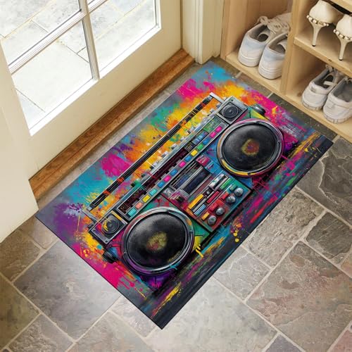 MLSOWM Waschbare Fußabtreter 40x60 cm Innen & Außen Graffiti-Stil Schmutzfangmatte Altes Tonbandgerät Rutschfester Fussabtreter, Dünne Türmatte Eingangsteppich für Flur, Eingang, Haustür, Farbe von MLSOWM