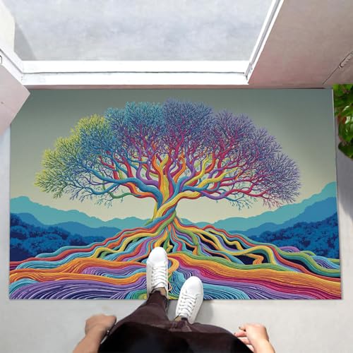 MLSOWM Waschbare Fußabtreter 60x120 cm Innen & Außen Farbige Linien Schmutzfangmatte Psychedelischer Lebensbaum Rutschfester Fussabtreter, Dünne Türmatte Eingangsteppich für Flur, Haustür, Mehrfarbig von MLSOWM