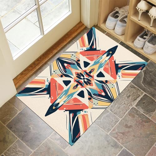MLSOWM Waschbare Fußabtreter 80 x 120 cm Innen & Außen Retro-Stil Schmutzfangmatte Abstrakte Geometrie Rutschfester Fussabtreter, Dünne Türmatte Eingangsteppich für Flur, Eingang, Haustür, Creme von MLSOWM