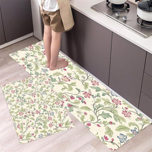 MLSOWM Weinblumen Küchenteppich-Sets 2-teilig, rutschfeste waschbare Läufer Retro-Blumen Fußmatten für Küche, Esszimmer, 43x75cm+43x120cm Hellgrün MLSOWM Weinblumen Küchenteppich-Sets 2-teilig, rutschfeste waschbare Läufer Retro-Blumen Fußmatten für Küche, Esszimmer, 43x75cm+43x120cm Hellgrün von MLSOWM