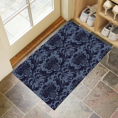 MLSOWM Wunderschöne Blumen Waschbarer Teppich Brokatästhetik Eingangsbereich 40x60 cm rutschfest Fußmatte Tepich Kurzflor Dünn Türmatte für Hund, Haustür & Flur, Marineblau von MLSOWM