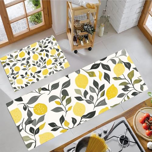 MLSOWM Zitrone Und Blätter Küchenteppich Sets, 2 Stück rutschfeste Aquarellstil Küchenmatten und Teppiche Läuferset, Gummibacking Super Absorbierende Waschbare Bodenmatten, 44x75cm+44x150cm Gelb von MLSOWM