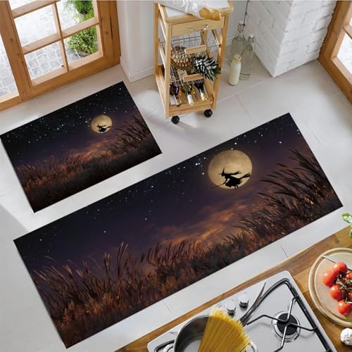 Magische Hexe Küchenteppiche 2er Set - Bequeme und Rutschfestes Küchenmatten Waschbare Gotischer Stil Matten und Teppiche für Flur, Esszimmer und Eingangsbereich, Schwarz 43x75cm+43x120cm von MLSOWM