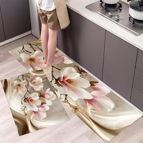 Magnolie Küchenteppiche 2er Set - Bequeme und Rutschfestes Küchenmatten Waschbare Wirbel Und Kurven Matten und Teppiche für Flur, Esszimmer und Eingangsbereich, Hellbraun 43x75cm+43x120cm Magnolie Küchenteppiche 2er Set - Bequeme und Rutschfestes Küchenmatten Waschbare Wirbel Und Kurven Matten und Teppiche für Flur, Esszimmer und Eingangsbereich, Hellbraun 43x75cm+43x120cm von MLSOWM