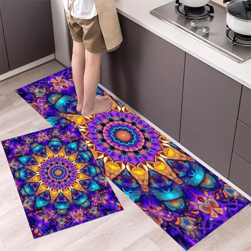 Mandala-Blumen Küchenteppich Set 2 Stück rutschfeste, Abstrakter Psychedelischer Stil Waschbare Küchen Matten Teppiche Set,für Flur Läufer, Esszimmer, Eingang Türmatte 43x75cm+43x120cm Lila Mandala-Blumen Küchenteppich Set 2 Stück rutschfeste, Abstrakter Psychedelischer Stil Waschbare Küchen Matten Teppiche Set,für Flur Läufer, Esszimmer, Eingang Türmatte 43x75cm+43x120cm Lila von MLSOWM