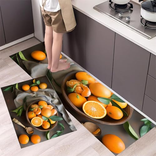 Mandarine Küchenteppich Set 2 Stück rutschfeste, Frisches Obst Waschbare Küchen Matten und Teppiche Set,für Flur Läufer, Esszimmer, Eingang und Türmatte 43x75cm+43x150cm Gelbbraun Mandarine Küchenteppich Set 2 Stück rutschfeste, Frisches Obst Waschbare Küchen Matten und Teppiche Set,für Flur Läufer, Esszimmer, Eingang und Türmatte 43x75cm+43x150cm Gelbbraun von MLSOWM