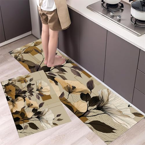 Moderne Blumen Küchenteppiche 2er Set - Bequeme und Rutschfestes Küchenmatten Waschbare Abstrakte Geometrie Matten und Teppiche für Flur, Esszimmer und Eingangsbereich, Hellbraun 44x75cm+44x150cm von MLSOWM