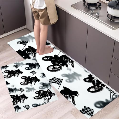 Motorrad Küchenteppiche 2er Set - Bequeme und Rutschfestes Küchenmatten Waschbare Cross-Country-Silhouette Matten und Teppiche für Flur, Esszimmer, Schwarz und Weiß 40x60cm+40x120cm Motorrad Küchenteppiche 2er Set - Bequeme und Rutschfestes Küchenmatten Waschbare Cross-Country-Silhouette Matten und Teppiche für Flur, Esszimmer, Schwarz und Weiß 40x60cm+40x120cm von MLSOWM